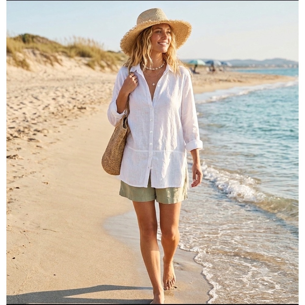 Tahari Essentials White 100% Linen Roll Tab Sleeve Button Down Tunic Shirt XL